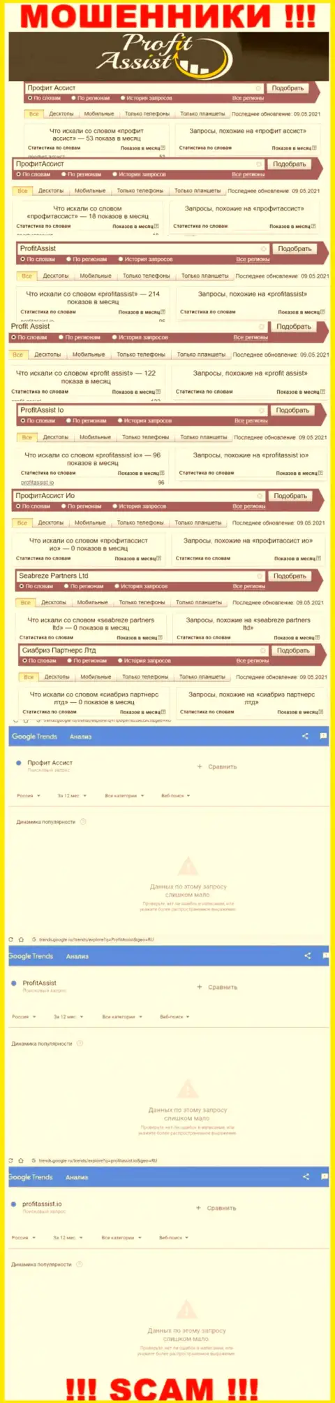 Запросы по бренду мошенников ProfitAssist в поисковиках всемирной сети Интернет