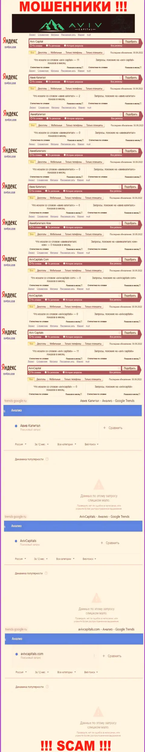 Статистические показатели поисков материала о наглых интернет-мошенниках АвивКапитал