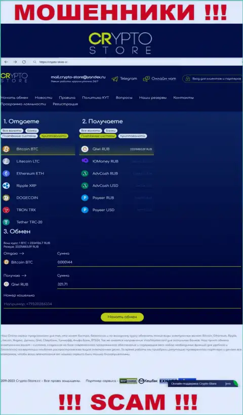 Официальный сайт мошенников Crypto Store, заполненный информацией для лохов