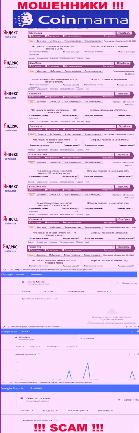 Статистические показатели online-запросов по бренду мошенников Коин Мама