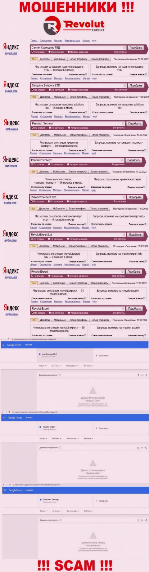 Информация о онлайн-запросах по бренду интернет лохотронщиков РеволютЭксперт