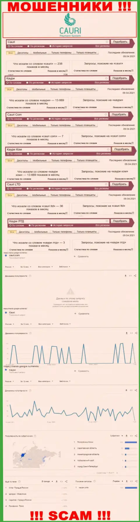 Online запросы по бренду обманщиков Каури Ком в поисковиках интернет сети