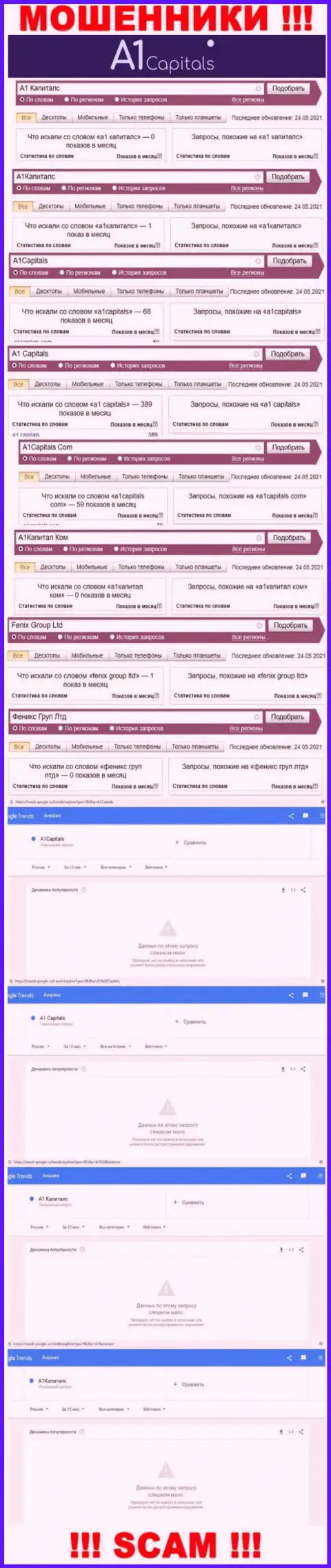 Статистика числа запросов в глобальной сети internet по мошенникам А1Капитал Ком