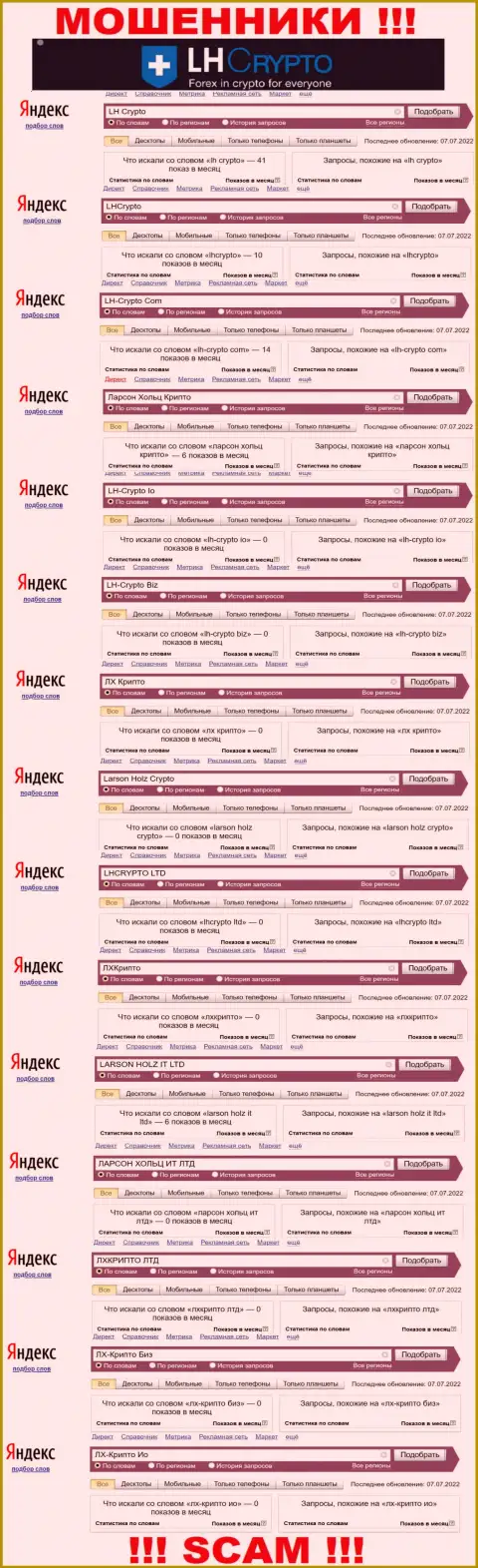 Онлайн запросы по бренду обманщиков ЛХ-Крипто Ком в поисковиках сети internet