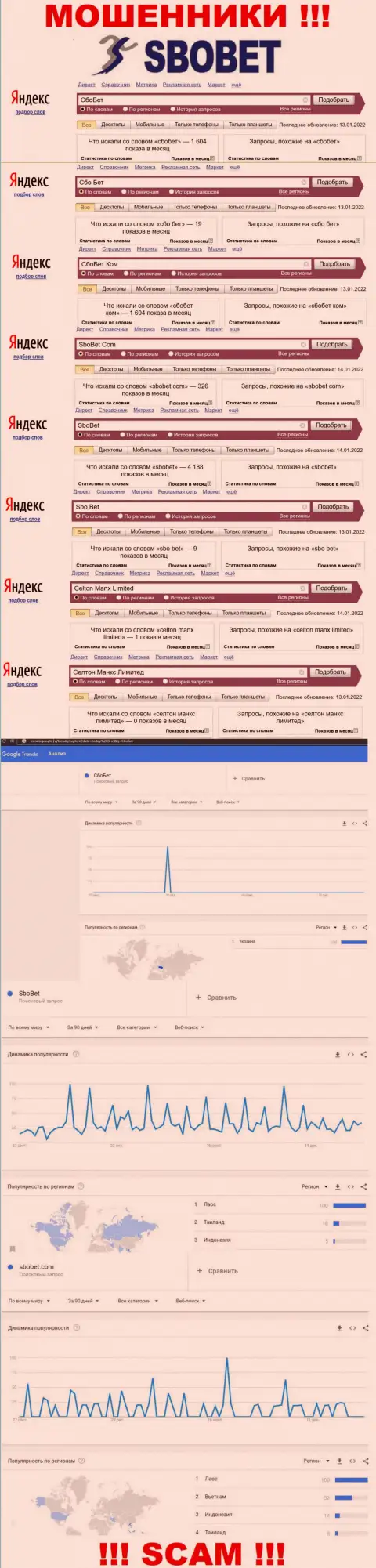 Статистические сведения запросов по бренду мошенников SboBet Com