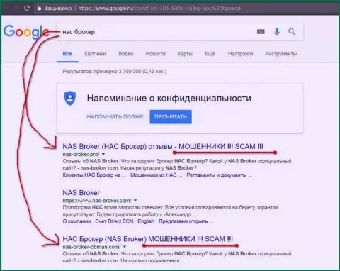 TOP3 выдачи в поисковиках Гугла - НАС Брокер - это МОШЕННИКИ !!!