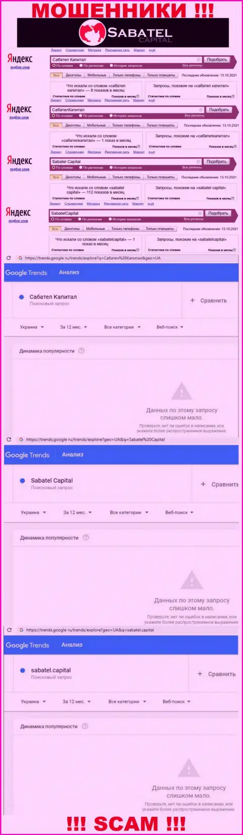 Статистика бренда Sabatel Capital, какое именно число поисковых запросов у указанной шарашки